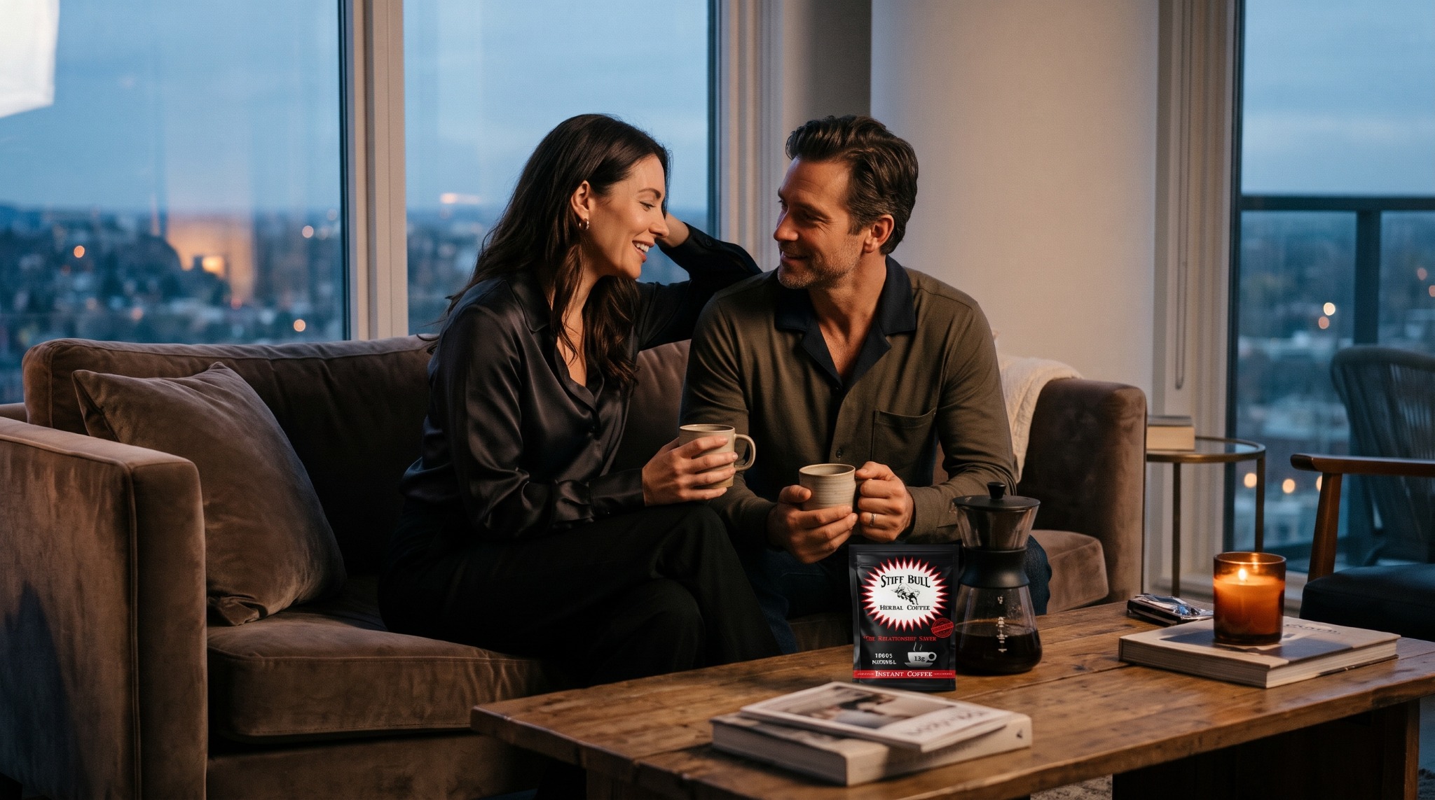 A couple enjoying Stiff Bull coffee together at dusk